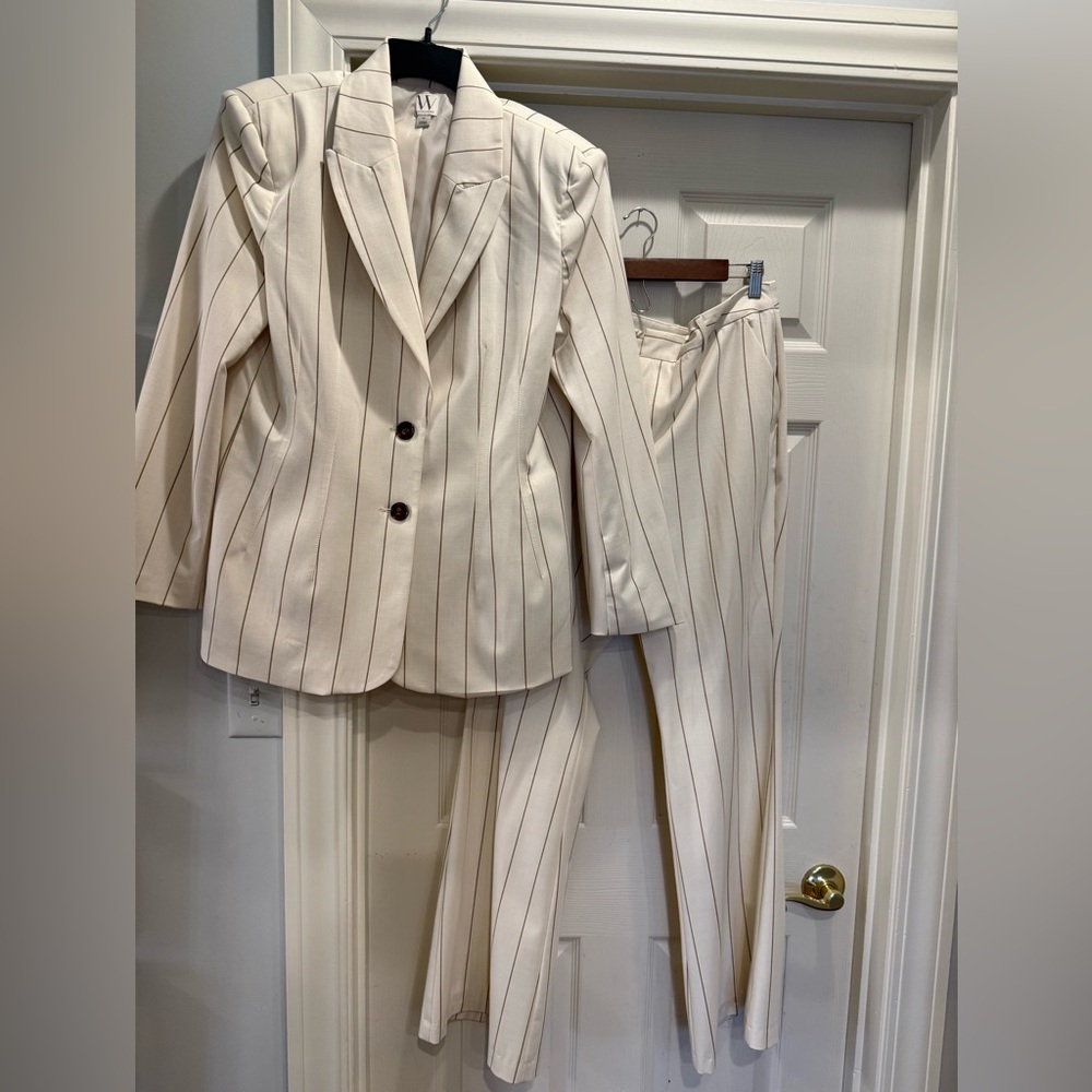 Cream Pinstripe Blazer & Pants Suit Set